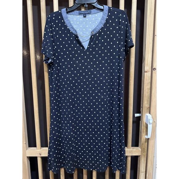 Tommy Hilfiger Dress Womens Large Navy Blue Polka Dot Short Sleeve Notch Neck - Picture 1 of 6